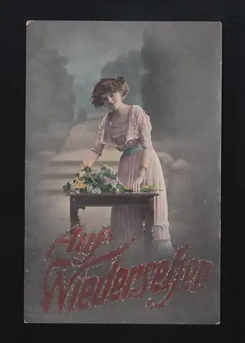 Jeune femme robe rose bouquet de fleurs Au revoir! Weiden (O.-Pfalz) 13.6.1915