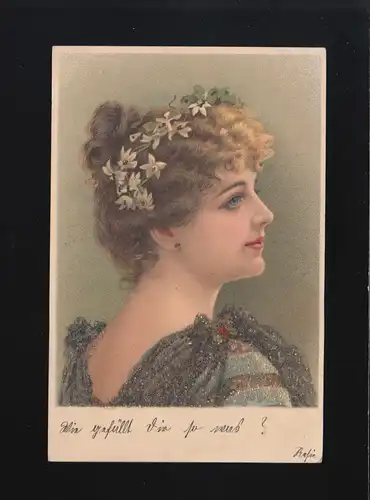 Femme avec couronne de fleurs dans les cheveux bouclés, robe de paillettes, couru Munich/Grafenau
