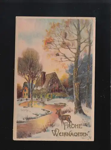 Reh Winterlandschaft Fluss Bauernhaus, Frohe Weihnachten Aschersleben 23.12.1949