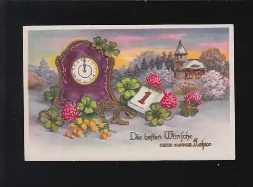 Uhr Kalender Klee Blumen Dorf Schnee besten Wünsche zum neuen Jahr, ungebraucht