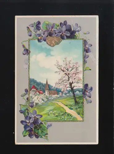 Village et église arbres fleuris Idylle, encadré par Veilchen, Tann 6.4.1911