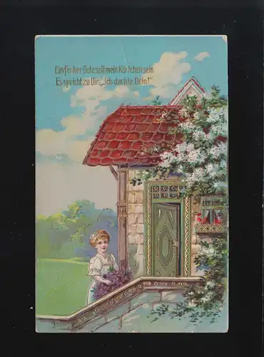 Ein froher Bote ..., Frau Blumen vor Haus, Feldpost Aibling 15.2.1915
