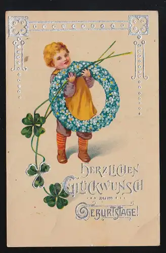 Garçon avec couronne de fleurs Trèfle de chance Argent orné jour de naissance Bernstadt 25.11.1919
