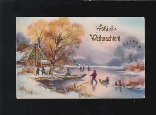 Schlittschuhlaufen Fluss Schlitten Eis Schnee Fröhliche Weihnachten, ungebraucht