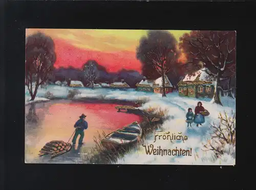 Weihnachten Fluss Dorf Schnee Schlitten Abendrot Goldverzierung ungebraucht