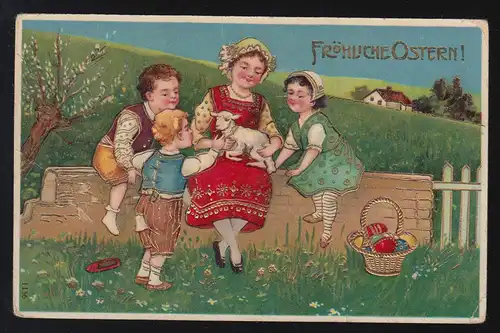 Kinder sitzen mit Lämmchen Wiese Ostereier fröhliche Ostern, Bürgstadt 10.4.1909