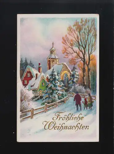 Im Schnee zur Kirche ins Dorf, Weihnachten, Goldverzierungen, ungebraucht
