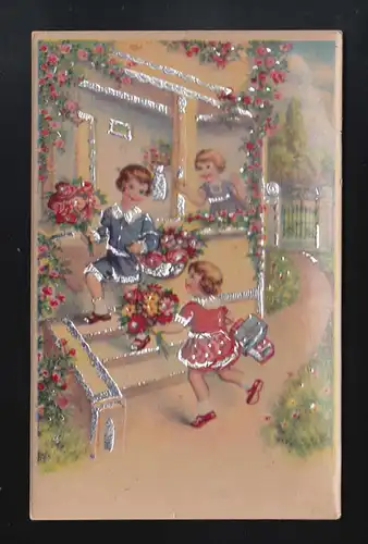 Kinder eilen nach Hause mit Geschenken + Blumen, Bad Neustadt (Saale) 24.9.1948