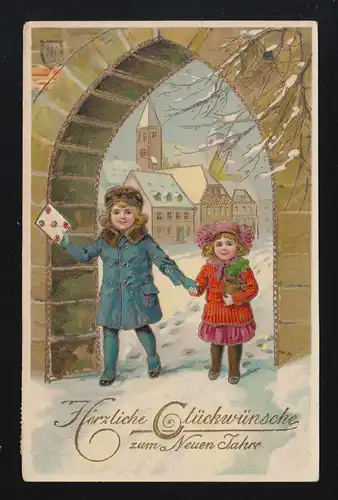 Les enfants apportent le bonjour de l'année Snow Tley vue de la ville, Leer 31.12.1913