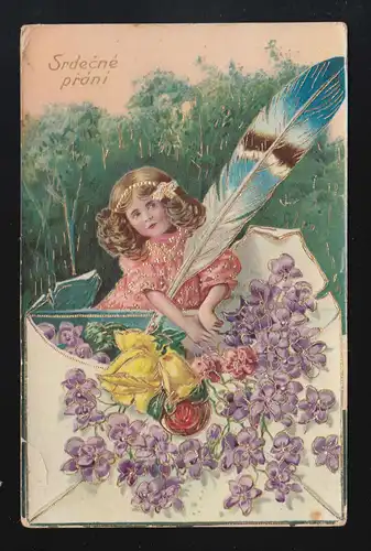 Fille avec ressort et enveloppe Fleurs Salutations Srdecne Prani, Vrutice vers 1908