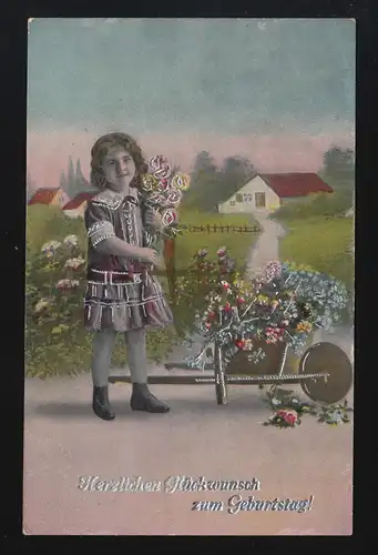 Filles brouette Fleurs Vue du village Félicitations Anniversaire Ostraus nov. 1917