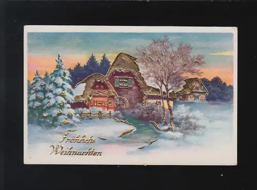 Fröhliche Weihnachten Winterlandschaft Häuser Schnee goldverziert, ungebraucht