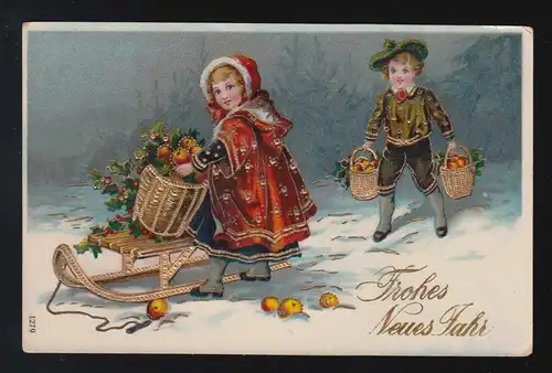 Enfants traîneaux paniers avec pommes et guis, Bonne année Berlin 2.1.1927
