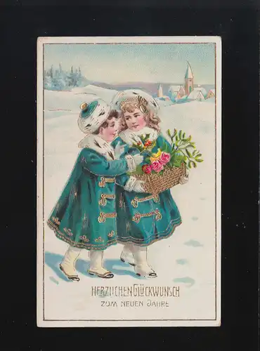 Glückwunsch zum neuen Jahr, Mädchen im Schnee bringen Blumen Paunsdorf 1.1.1912