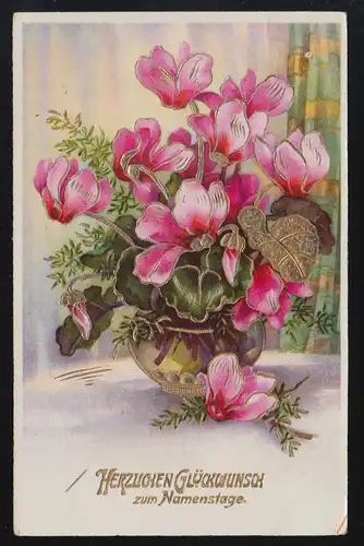 Goldene Schale rosa Alpenveilchen, Glückwunsch Namenstag, Dinkelsbühl 3.12.1936