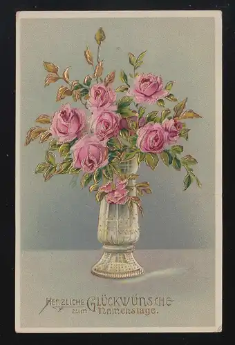 Rosa Rosen in golverzierter Vase, Glückwünsche zum Geburtstag Judenau12.10.1910