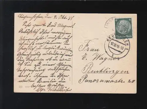 Les meilleurs vœux d'anniversaire, Roses roses Panier Gold, Reutlingen 10.10.1938