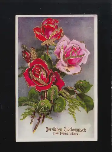 Namenstag herzlichen Glückwunsch, rosa und rote Rosen Strauß, gelaufen 18.3.1941