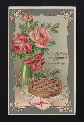 Glückwunsch Namenstag Rosen Kuchen Art Deco Ornamente, München 20.2.1911