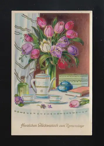 Strauß Tulpen gedeckte Kaffeetafel Glückwunsch Namenstag, Waldmünchen 26.7.1937