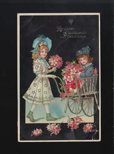Kinderwagen Mädchen Blumensträuße Glückwunsch Geburtstag, Ludwigsburg 12.12.1912