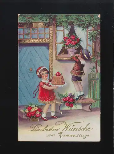 Besten Wünsche Namenstag, Kinder bringen Kuchen Blumen, Strasskirchen 12.9.1939