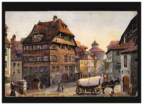 AK Nuremberg Dürerhaus Hunderwagen, Sollmann Coburg Peinture , Ansbach 9.2.1914