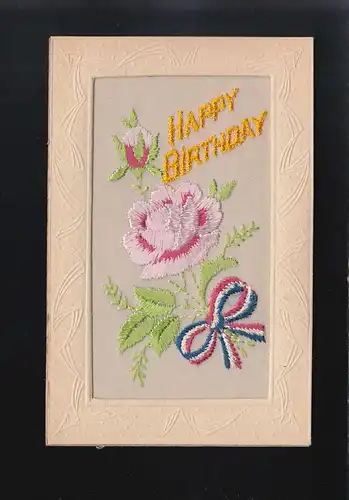 Happy Birthday gestickte rosa Blumen mit buntem Band gehalten, ungebraucht