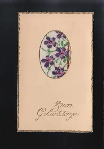 lila Blüten gestickt im Passepartout, Zum Geburtstage Feldpost Dresden 3.5.1943