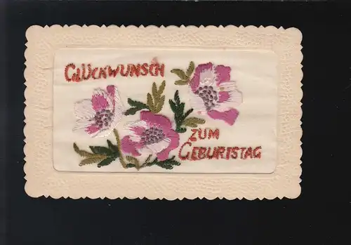 Glückwunsch zum Geburtstag, rosa weiße Blüten gestickt Feldpost 14.9.1942