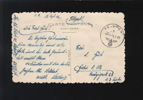 Glückwunsch zum Geburtstag, rosa weiße Blüten gestickt Feldpost 14.9.1942