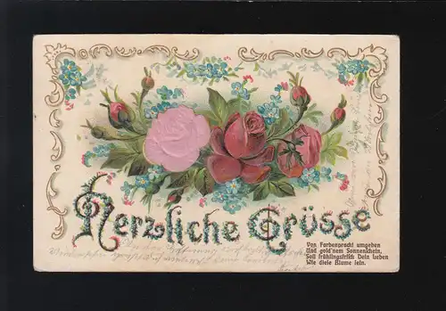 Herzliche Grüße rote Rosen Von Farbenpracht umgeben K.B. Bahnpost 10.11.1906