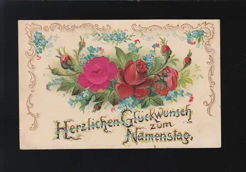 Rosen Blüten Knospen, Herzlichen Glückwunsch zum Namenstag, gelaufen 3.12.1908