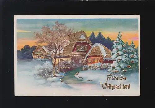 Fröhliche Weihnachten Dorf Schnee, Goldverziert Abendrot überm Wald, ungebraucht