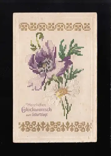 Lila und weiße Blumen wie gestickt, Glückwunsch Geburtstag, Chambrey 6.3.1913
