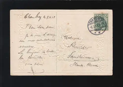 Fleurs blanches et violettes comme brodé, Félicitations, Chambre 6.3.1913