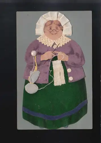 femme hotte vert robe violette col de dentelle crochet de fils poche boutons, non utilisés