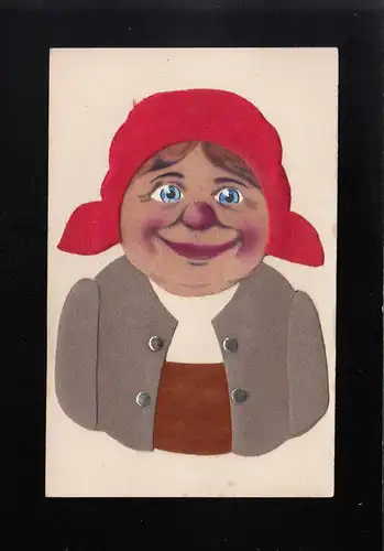 Frau rotes Kopftuch, blaue Augen Lächeln, graue Jacke Knöpfe Filz, ungebraucht