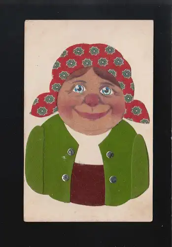 Frau Kopftuch rot mit Blumen, blaue Augen grüne Jacke Filz, Lengefeld 10.8.1914