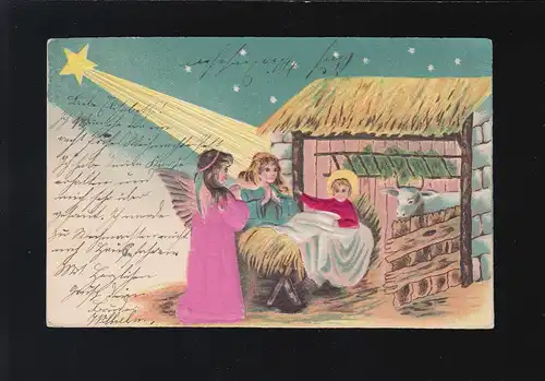 Enfant de Jésus dans la crèche, les anges prient les animaux foin Étoile de Noël, Osnabrück 23.12.1904