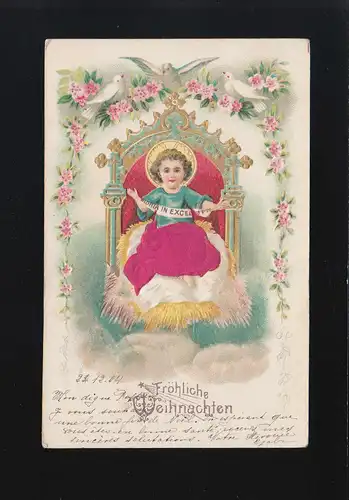 Fröhliche Weihnachten Christkind Thron Tauben Blumenkränze, gelaufen 25.12.1904
