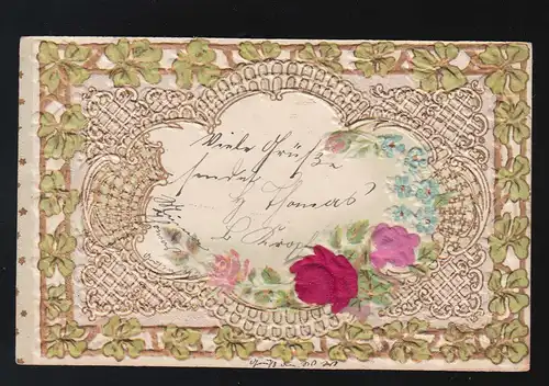 Textil rote Rosen Ranken Glücksklee Vergissmeinnicht, gelaufen um 1901