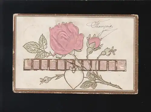 Rosa Rosen Blüten Knospen Herz Anhänger Stoff Band, Belgien Vieux - Dieu 1907