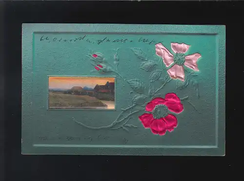 Dorfidylle Wasser grüner Grund mit stiliserten Blüten rosa rot, Düsseldorf 1905