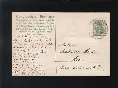 Dorfidylle eau fond vert avec fleurs siliconées rose rouge, Düsseldorf 1905