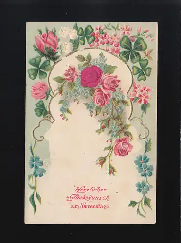 Blüten in rosa rot blau Rahmen Glückwunsch Namenstag Gerolstein Bahnpost Zug