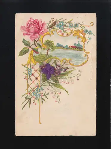 Lac dans le cadre doré entouré de fleurs colorées, l'Autriche couru 1911