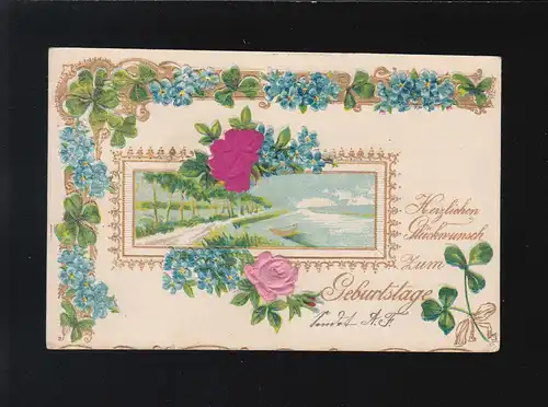 Goldenes Band Klee Blumen Rosen Idylle, Glückwunsch Geburtstag Oelsa 17.10.1903