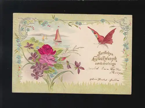 Schmetterling See Blumen, Glückwunsch Geburtstag, Butzbach /Treis 17.+18.10.1904