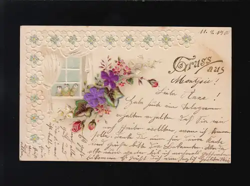 Gruss aus, Blumenbouqet, Vögel am Fenster Girlande, Ucole /Eupen 12.+ 13.9.1900